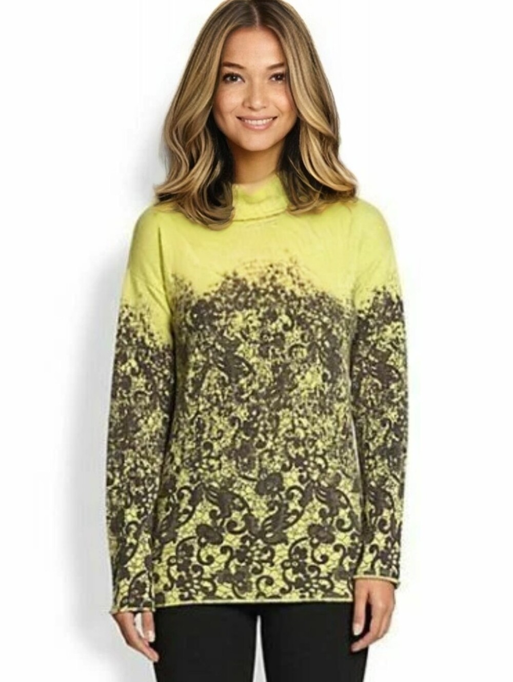 Lafayette 148 100% Cashmere chartreuse Green Turtleneck Sweater Lace Print XS